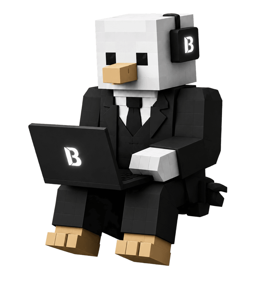 The Barrics block-built bird counsel working on a laptop