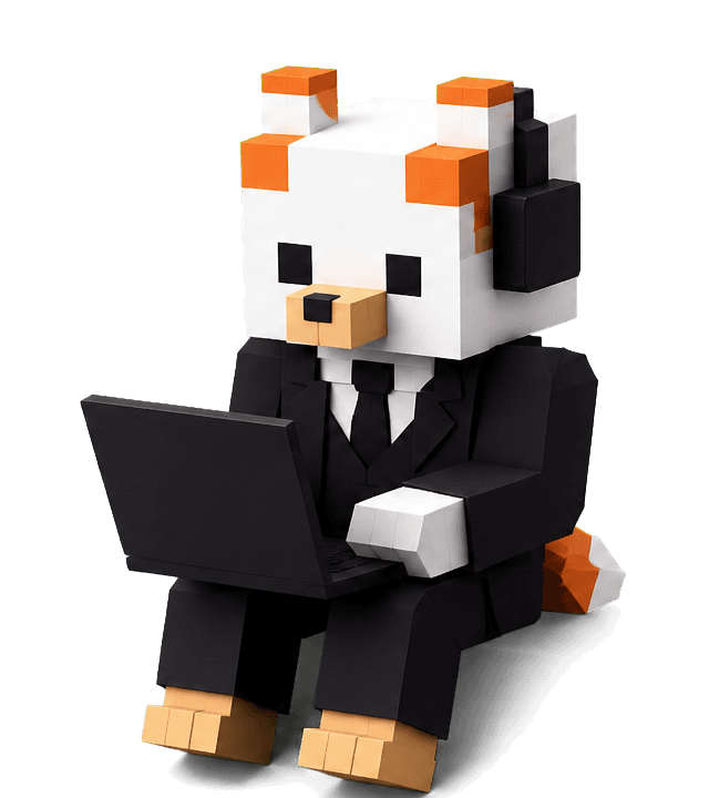 A block-built fox legal counsel working on a laptop